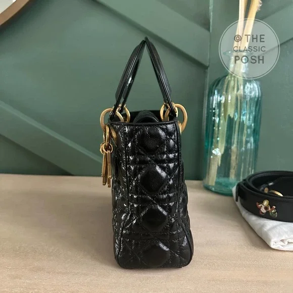 Lady Dior Cannage Small Crinkled Calfskin Black Gold Shoulder Crossbody Bag - Picture 5 of 15